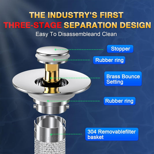 Bathroom Sink Drain Strainer, Pop Up Sink Drain Filter with Removable Stainless Steel Filter Basket Hair V1258-DP02-WO-614