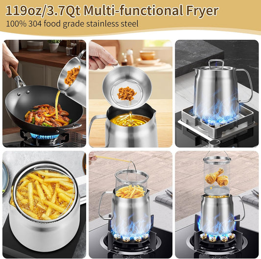 119oz 304 Stainless Steel Deep Fryer Pot with Basket & Strainer, Large Capacity Bacon Grease Container for V1258-DP02-WO-646
