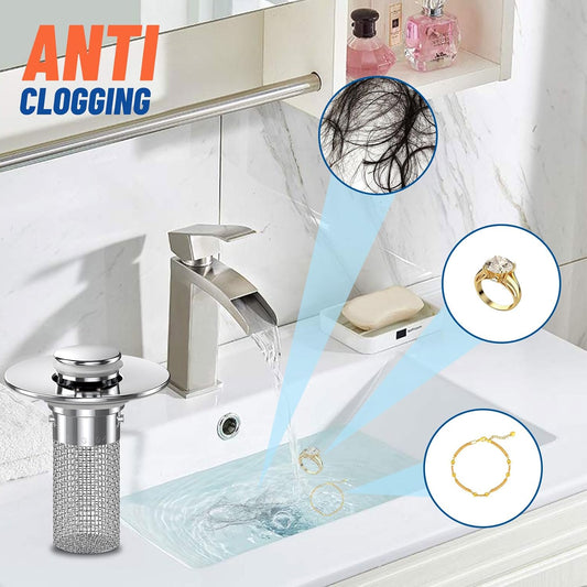2024 New Pop Up Bathroom Sink Drain Strainer Hair Catcher, Sink Drain Stopper with Removable Stainless Steel V1258-DP02-WO-647
