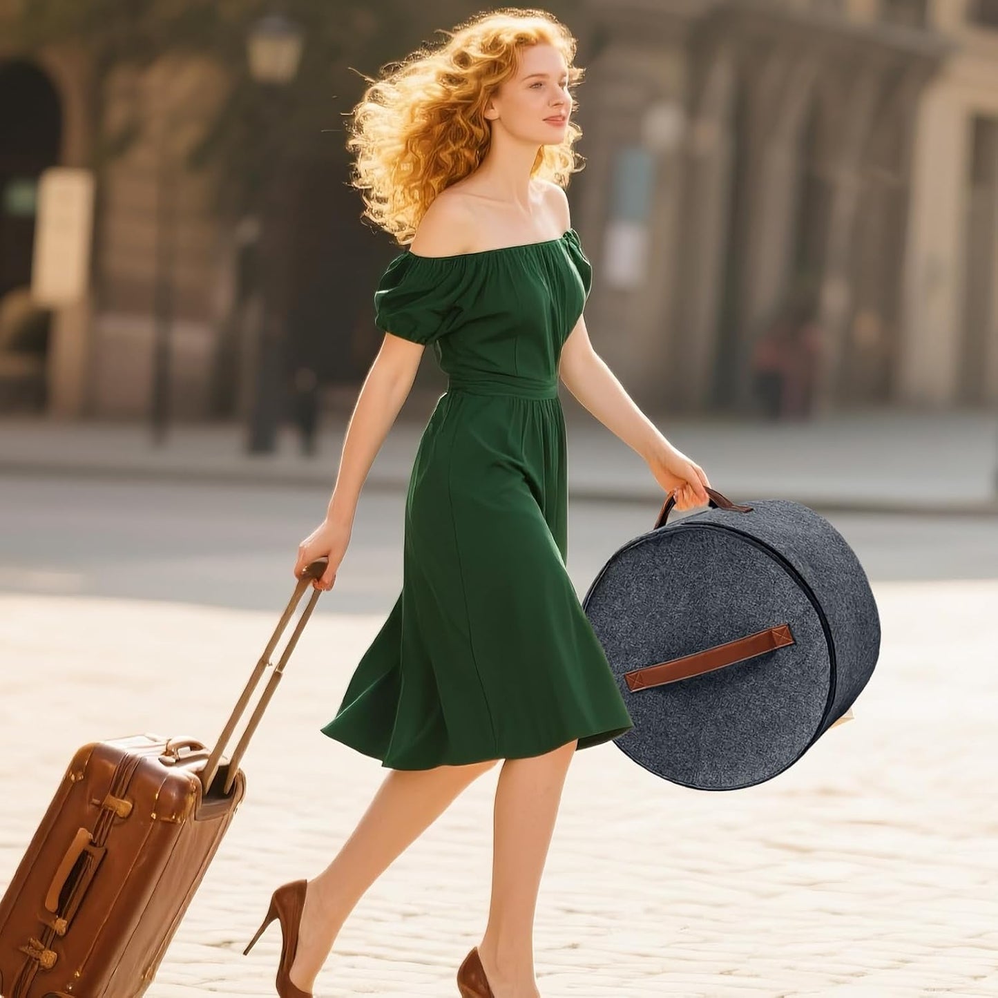 Round Hat Box, Stackable Felt Hat Boxes for Women Storage, Foldable Premium Hat Travel Case with Dustproof V1258-DP02-WO-70