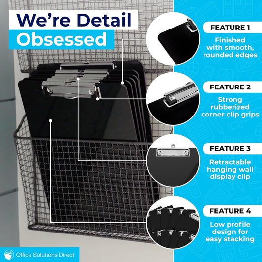 Black Plastic Clipboards (Set of 6) Multipack - 12.5x9 Inch Clipboard Holds 100 Sheets, Low Profile | Colored V1258-DP02-WO-798