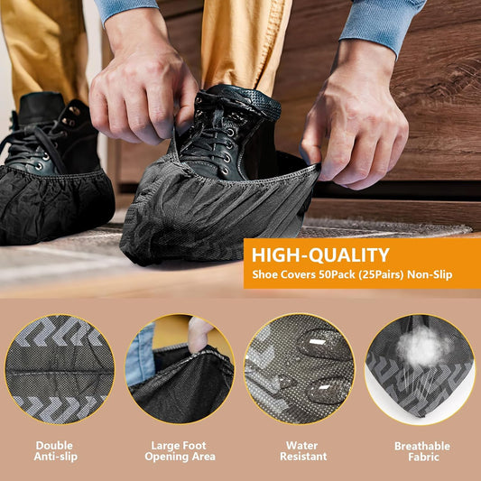 Shoe Covers Disposable 50 Pack (25 Pairs) - Durable, Non-Slip, Water Resistant, and Recyclable Boot Covers V1258-DP02-WO-870