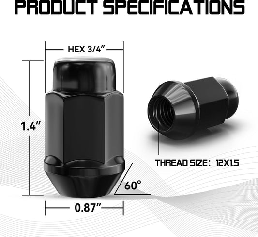 12x1.5 Wheel Lug Nuts, 20PCS Black 12mmx1.5 Closed End Bulge Acorn Lug Nut, Cone Seat, 19mm Hex Aftermarket V1258-DP02-WO-940