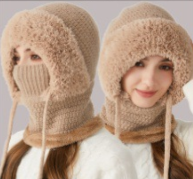 Winter Corn Velvet Hooded Scarf Mask Set - Thick Fleece Lined Knit Cap for Women - Warm Balaclava Neck Warmer V1258-DROP002-HAT-02-KH