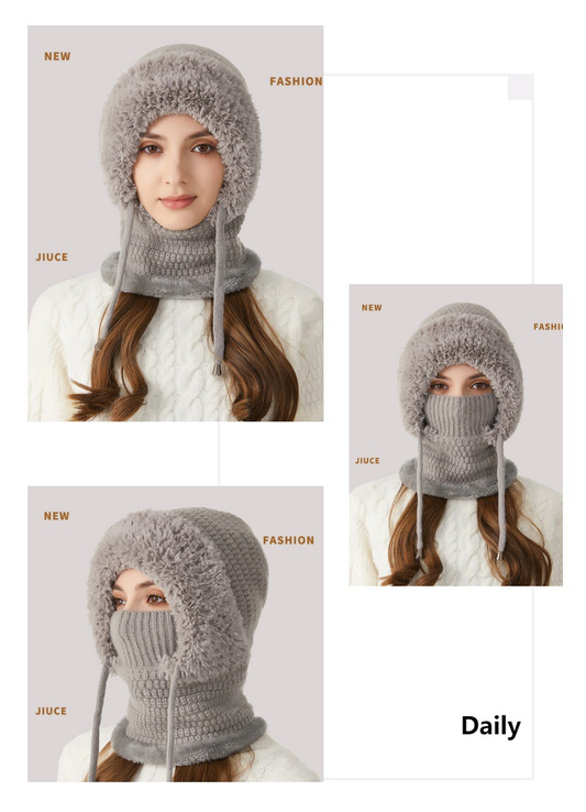 Winter Corn Velvet Hooded Scarf Mask Set - Thick Fleece Lined Knit Cap for Women - Warm Balaclava Neck Warmer V1258-DROP002-HAT-02-PNK