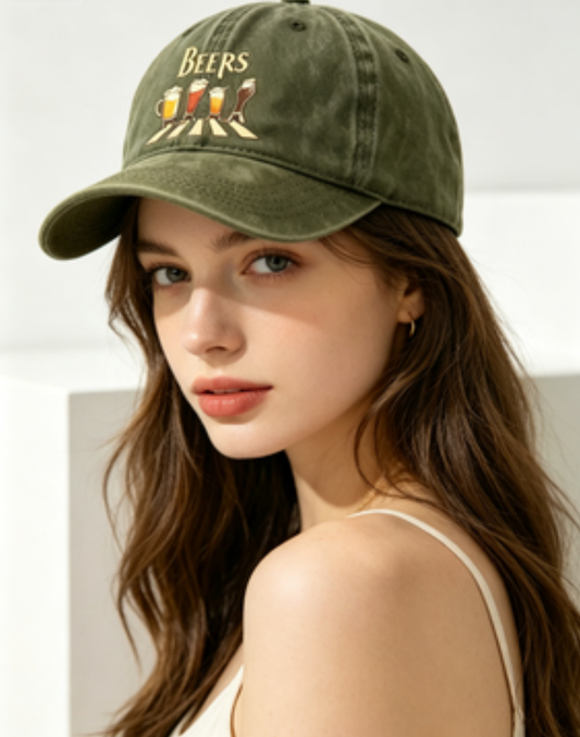 Washed Distressed Beer Print Baseball Cap - Vintage Cotton Adjustable Dad Hat for Men - Outdoor Sun V1258-DROP002-HAT-03-GRN
