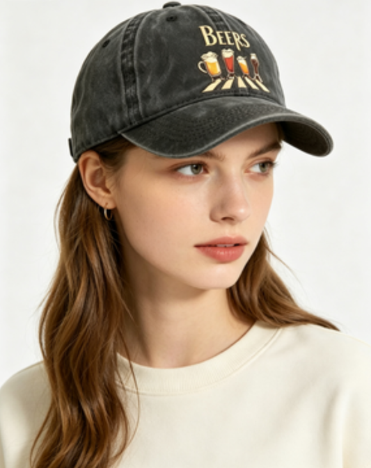 Washed Distressed Beer Print Baseball Cap - Vintage Cotton Adjustable Dad Hat for Men - Outdoor Sun V1258-DROP002-HAT-03-GRY