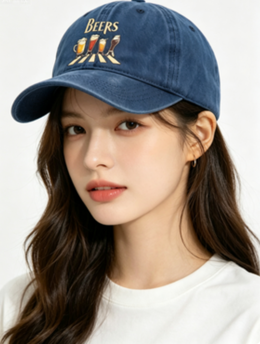 Washed Distressed Beer Print Baseball Cap - Vintage Cotton Adjustable Dad Hat for Men - Outdoor Sun V1258-DROP002-HAT-03-NAV