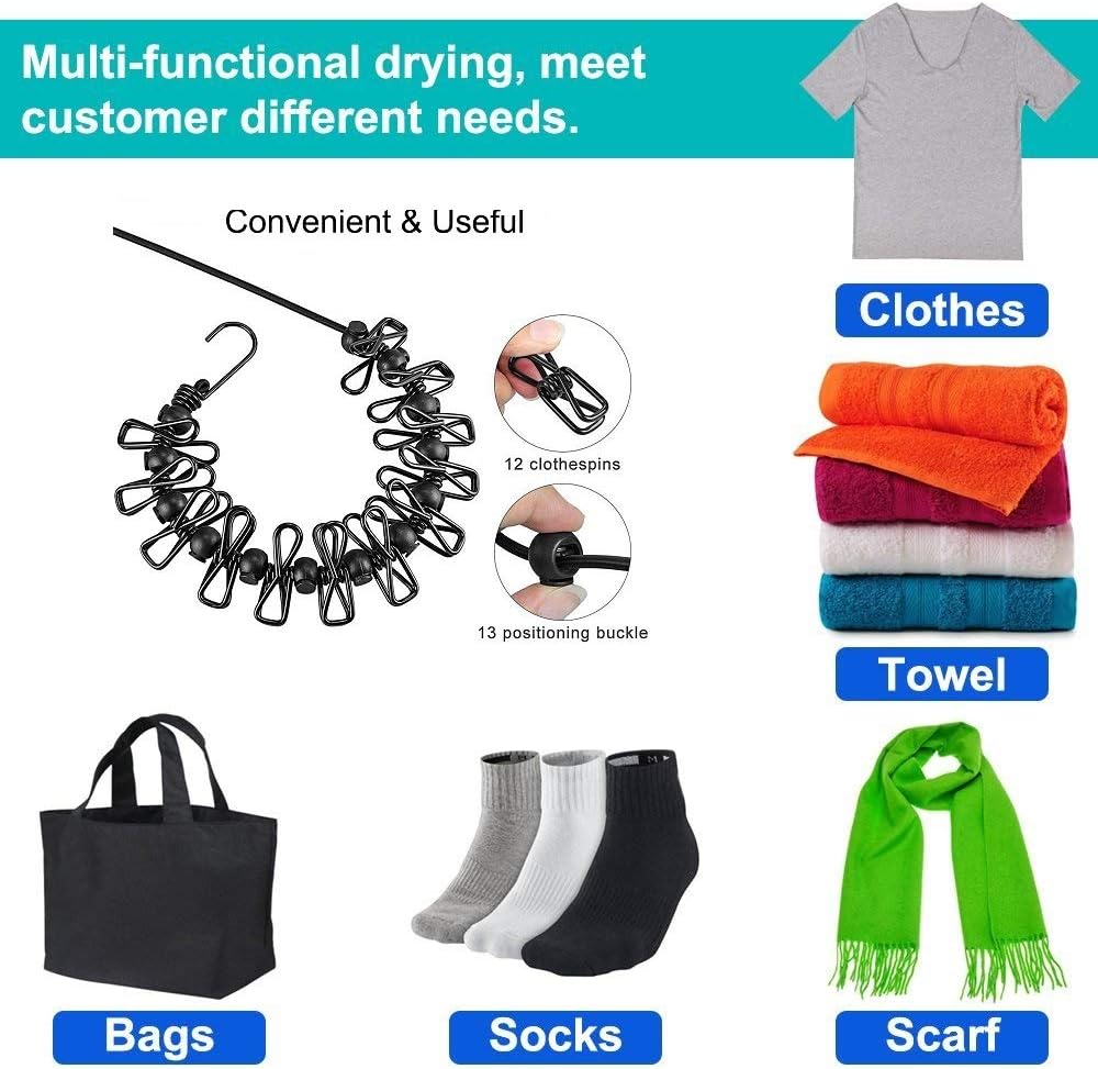 Portable Travel Clothesline, Adjustable Elastic Camping Retractable Clothesline with 12pcs Clips for Outdoor V1259-DP01-A-1043
