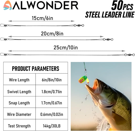 50PCS Fishing Leaders, Fish Line Stainless Steel Wire with Swivels Snap, High-Strength 30LB Hi-Low Rig Leader V1259-DP01-A-1459
