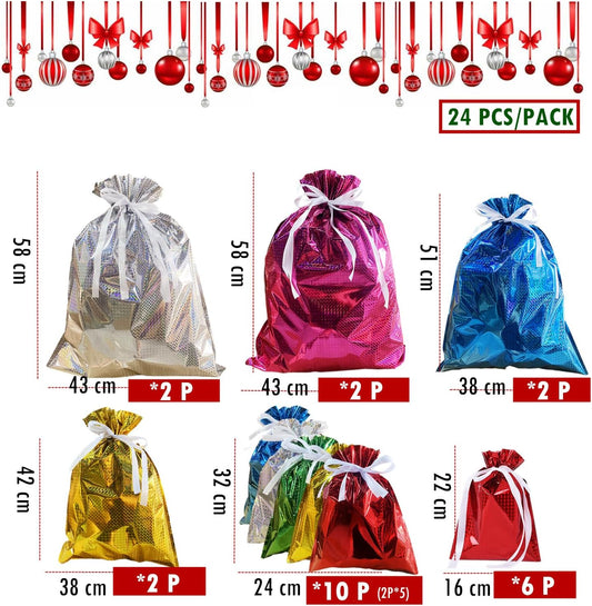 24 Pack Foil Gift Bags Drawstring Solid Color Present Wrapping Bags, 6 Shimmer Multipack Bag, Jumbo Christmas V1259-DP01-A-1559