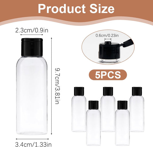 5-piece travel bottle set with flip-cap, 60 ml refillable plastic bottles, empty dispenser for shampoo, V1259-DP01-A-1700
