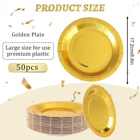 Party plates, dessert plates, 50 pieces, gold foil, plate set, 18 cm, party tableware, set, gold paper V1259-DP01-A-1712