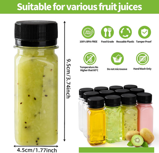 12 pcs 2oz Small Plastic Juice Bottles with Lids, Reusable Leak proof Ginger Shots Bottle with Black caps, V1259-DP01-A-2151