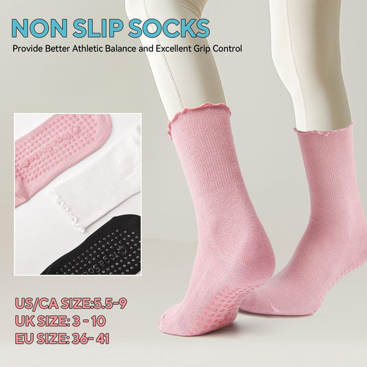3 Pairs Pilates Grip Socks,Non Slip Ruffle Yoga Socks for Women,Anti-Skid Athletic Breathable Cotton Crew V1259-DP01-A-2157