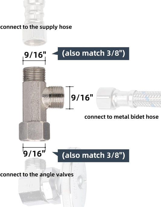 Bidet T Adapter, Metal T Valve for Bidet(3/8" x 3/8" x 3/8"), 3 Way Tee Connector Bidet Attachment for Toilet V1259-DP01-A-2235