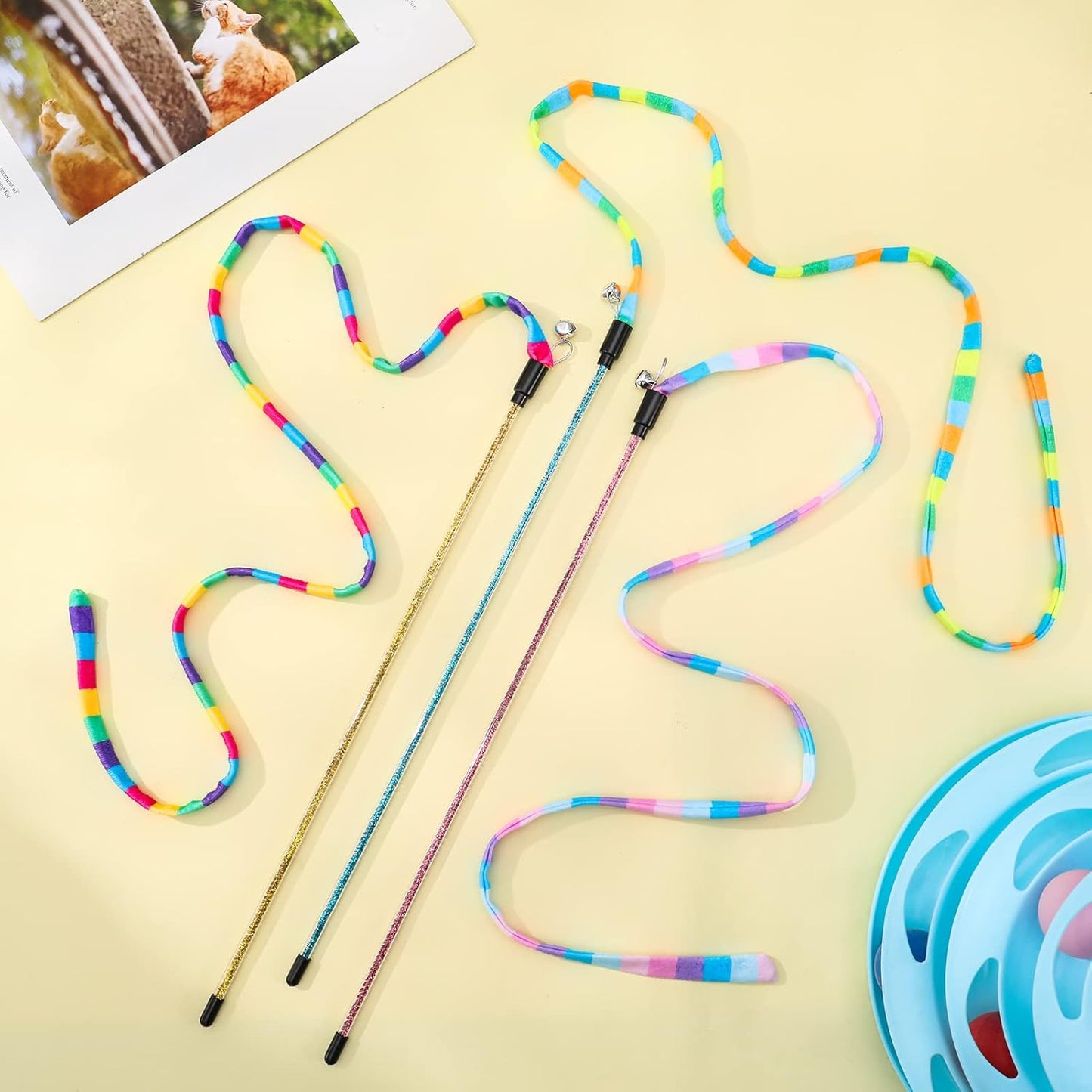 3 Pack Cat Wand Toy, Interactive Cat Rainbow Wand Toys, Interactive Cat Teaser Wand String, Rainbow Cat V1259-DP01-A-2286