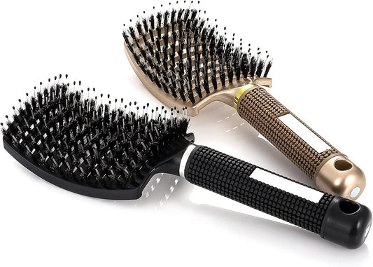 2 Pack Boar Bristle Hair Brush, Curved and Vented Detangling Hair Brush for Women Long, Thick, Thin, Curly & V1259-DP01-A-2297