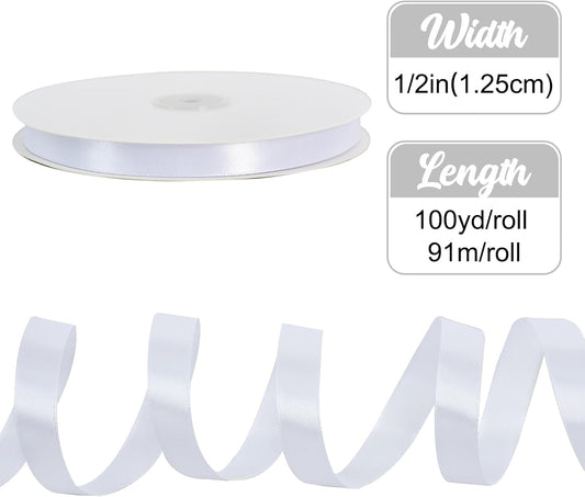 1/2 Inch x 100yds White Satin Ribbon Thin Solid Fabric Ribbons for Invitation Gift Wrapping, Bows Craft V1259-DP01-A-2327