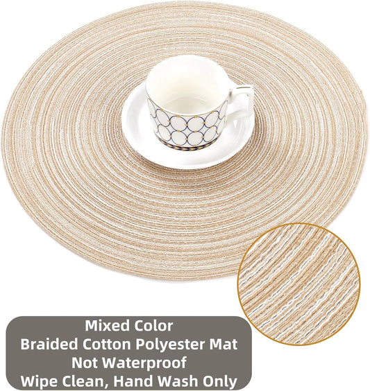 Round Braided Placemats Set of 6 Washable Round Placemats for Kitchen Table 15 inch Round Table Mats (Beige, V1259-DP01-A-2335