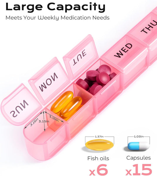 Weekly Pill Organizer, Large 7 Day Pill Box, Travel Pill Case, Daily Pill Dispenser for Vitamins, Medicines, V1259-DP01-A-2387