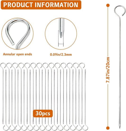 30 Pcs Kebab Skewers, 7.9 Inch Stainless Steel Barbeque Skewers with Ring-Tip Handle, Reusable BBQ Grilling V1259-DP01-A-2579