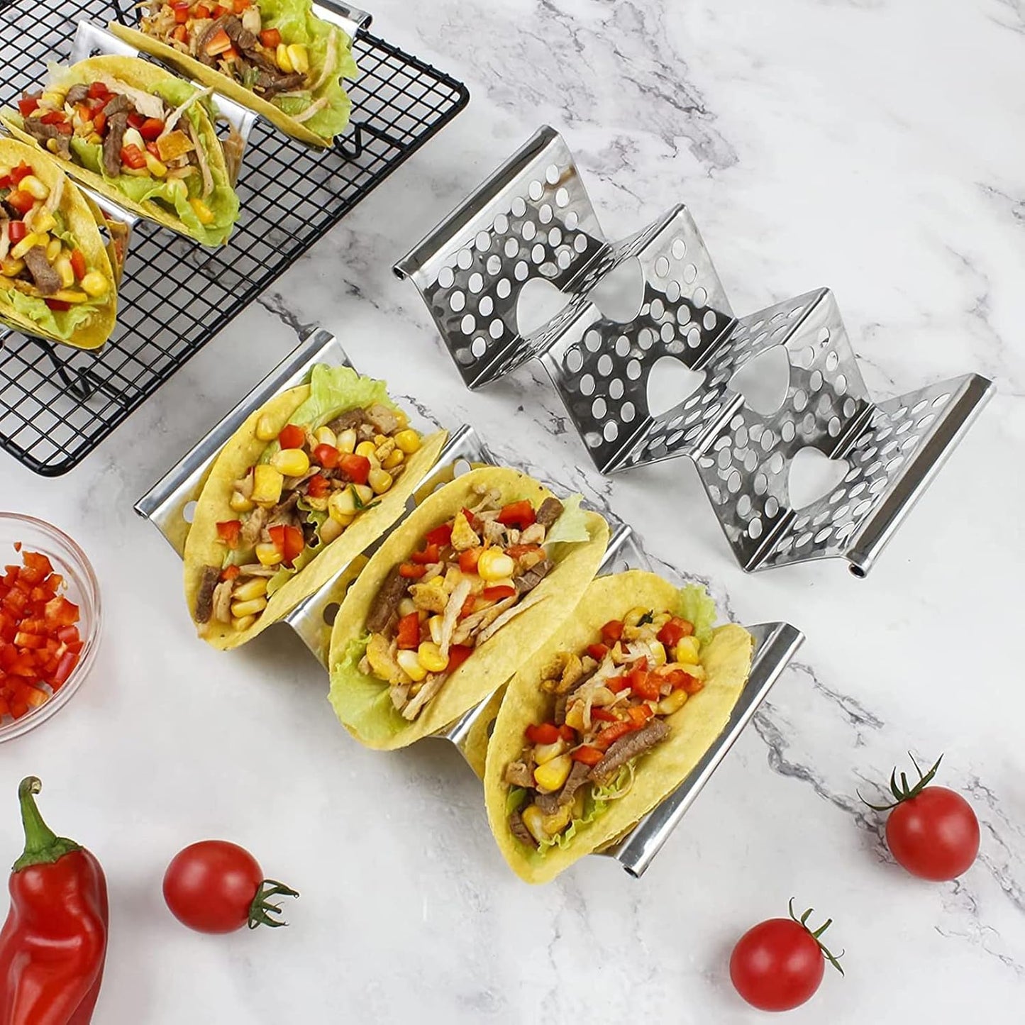 Taco Holders Taco Stand, 8 Packs Stainless Steel Taco Stand Rack Tray Hollow Corn Holders Can Hold 2 or 3 V1259-DP01-A-2595