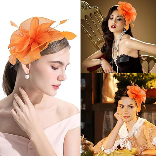 Fascinators Hat for Women Tea Party,Orange Feather Mesh Flower Fascinator with Headband and Clip Wedding Tea V1259-DP01-A-2687