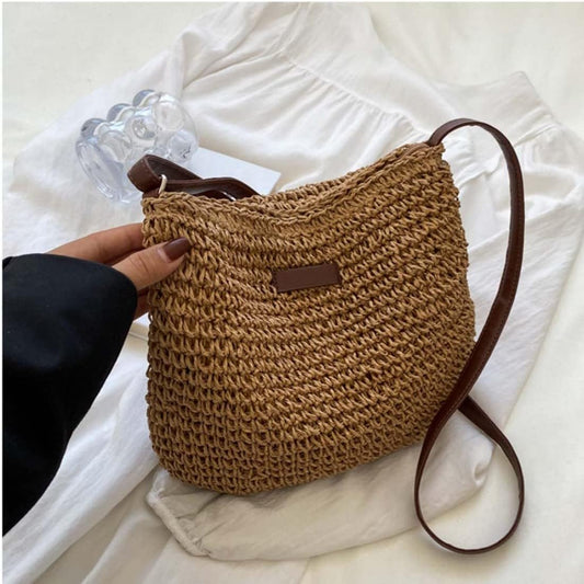 Straw Beach Bag, Summer Straw Bag Female Fashion Braided Single Shoulder Crossbody Bag All-Match Beach Bag V1259-DP01-A-2836