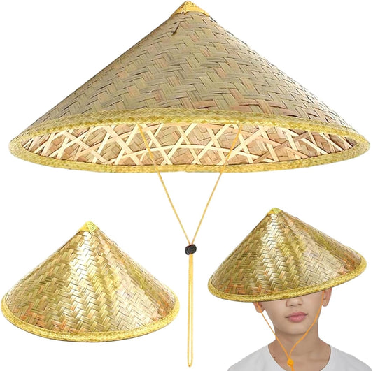 Retro Chinese Bamboo Rattan Fisherman Hat, Handmade Weave Bucket Hat, Rice with Adjustable Rope, 14 Inch V1259-DP01-A-2865