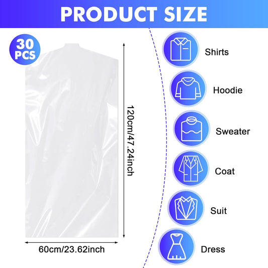 30 Pack Clear Garment Bags, 47.2 Inch Plastic Garment Bags Dustproof, Long Clothes Covers, Waterproof Suit V1259-DP01-A-2899