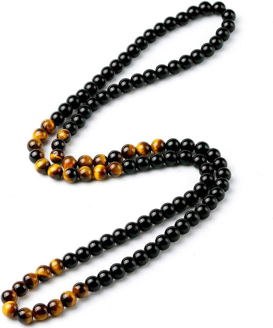 Black Onyx Men's Tiger Eye Stone Bead Necklace Fashion Natural Stone Jewelry Handmade Gift, Tiger Eye Onyx V1259-DP01-A-2984