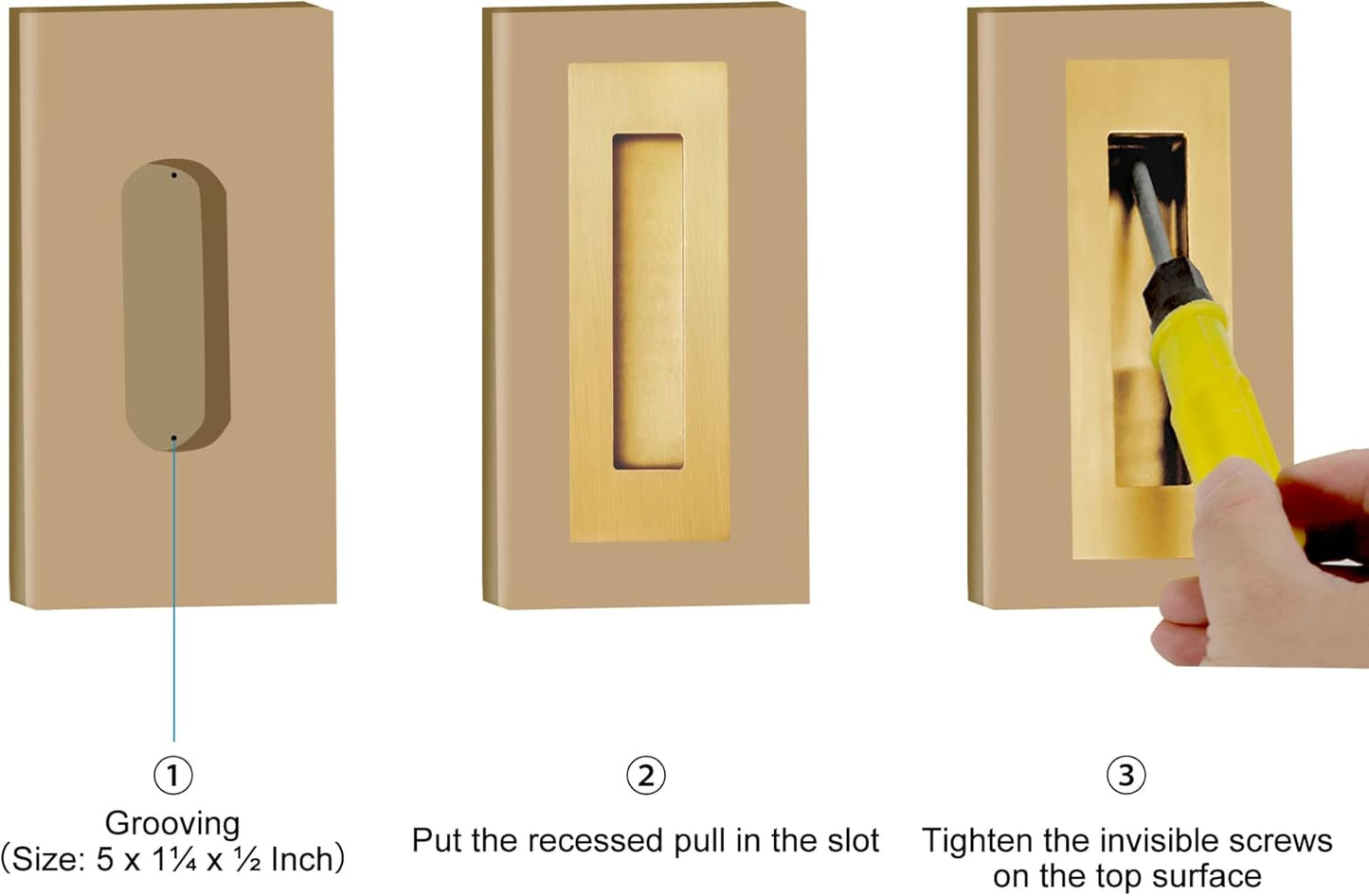 Recessed Finger Flush Pulls for Pocket, Sliding Barn Door - Brushed Gold Stainless Steel Rectangular Door V1259-DP01-A-3152