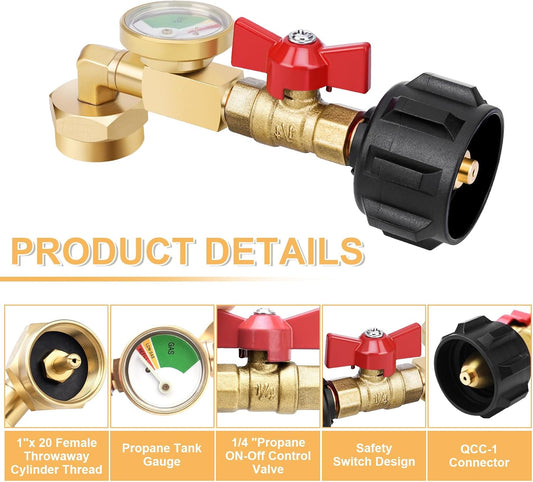 Propane Refill Adapter 20lb to 1lb Camping, Design with Valve and Gauge, Upgrade 90-Degree Elbow Design, Fill V1259-DP01-A-3309