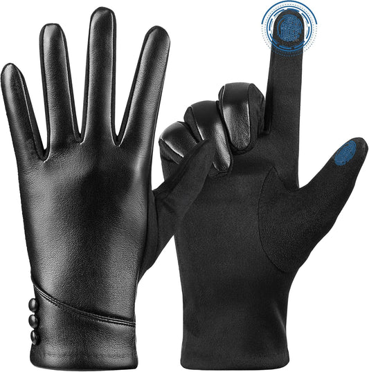 Womens Winter Leather Gloves Touch Screen Wool Lined Windproof Warm Suede Fashion Dress Gloves V1259-DP01-A-3364