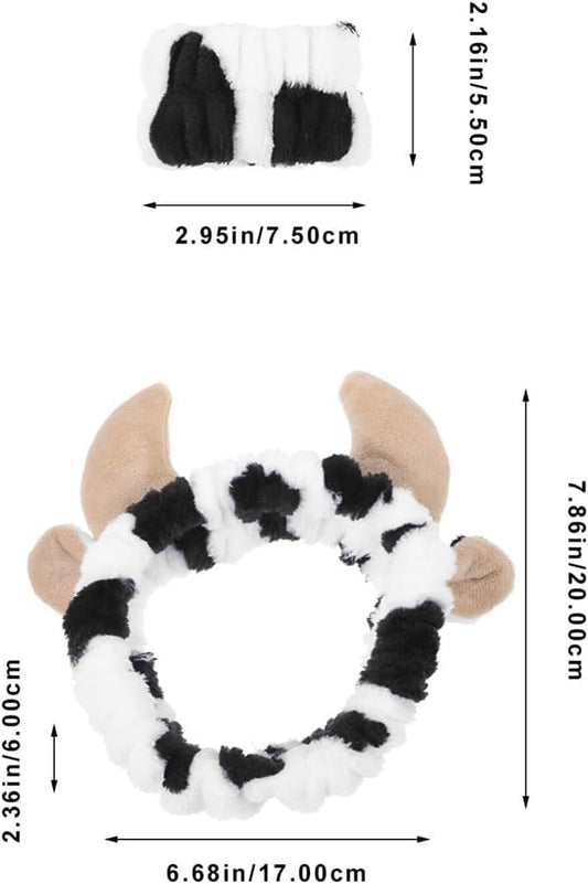 Flannel Cow Horn Headband with Wristbands Soft Adjustable Hair Band for Women Perfect for Skincare Bathing V1259-DP01-A-3504