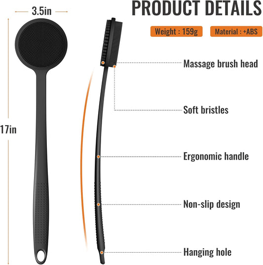 Silicone Back Scrubber for Shower, 17in Lengthen Long Handle Body Brush, Double Sided Shower Brush for Shower V1259-DP01-A-3581