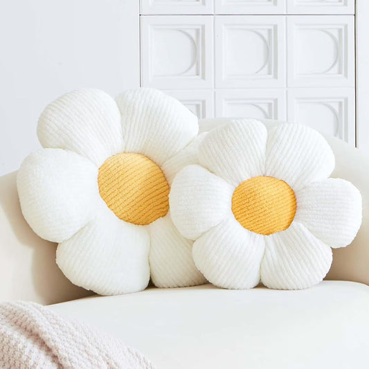 White Flower Decorative Throw Pillow for Bed Couch, Cute Daisy Shaped Plush Aesthetic Pillow, Soft 19.6" V1259-DP01-A-3619