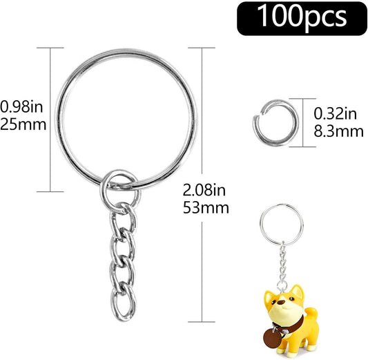 100 Pack Metal Keychains,1 Inch Split Key Chain Rings with Chain and Open Jump Rings for Keychain Making and V1259-DP01-A-3787