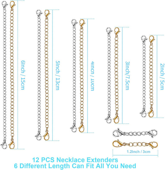 12 PCS Necklace Extenders - Stainless Steel Necklace Extension Chain for Jewelry, Bracelets & Anklets (6 Gold V1259-DP01-A-3792