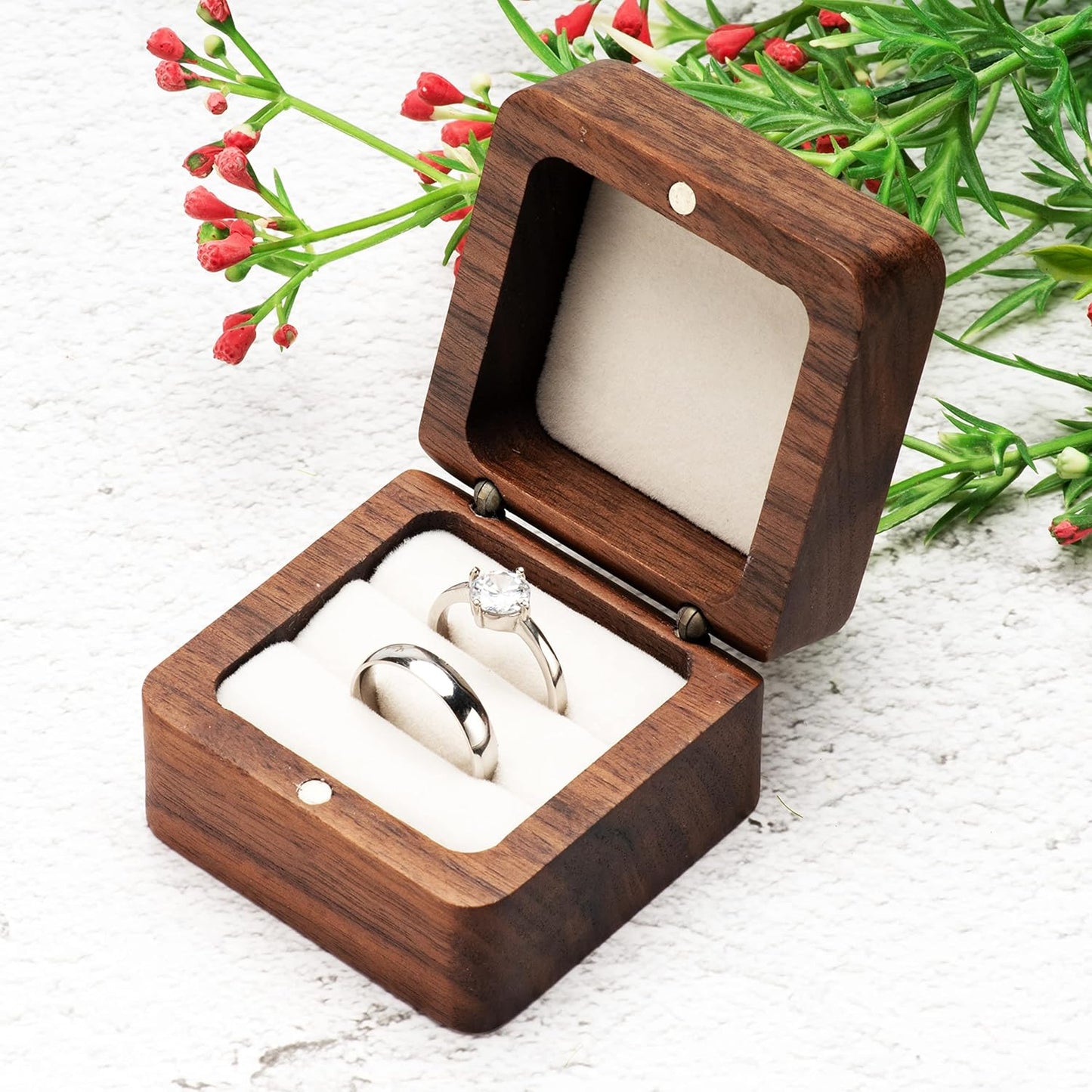 Square Solid Wood Double Ring Box Case for Wedding Ceremony Engagement Proposal,Wooden Ring Holder for 2 V1259-DP01-A-3980
