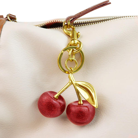 18K Gold Plated Cherry Keychain, Cherry Purse Charm, 1 Pack 18k Gold Plated Cherry, 4.9" X 2.5" X 1.3" V1259-DP01-A-4000