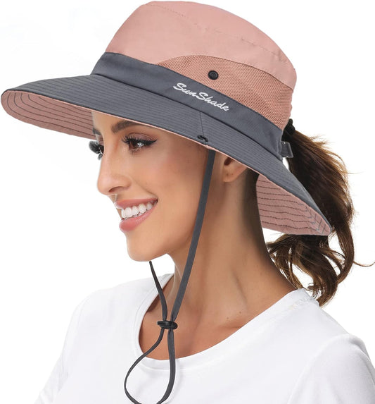Sun Hat for Women Summer UV Protection Beach Hat Wide Brim Mesh Bucket Fishing Hat with Ponytail Hole V1259-DP01-A-4030