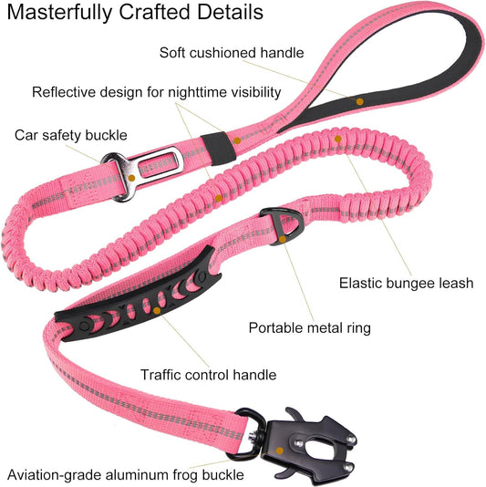 Tactical Bungee Dog Leash - Pink Heavy Duty Leash for Large Dogs with Reflective Stitching, 2 Handles, V1259-DP01-A-4290