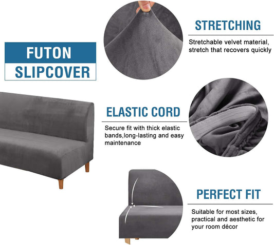 Real Velvet Futon Cover Armless Sofa Covers Bed Stretch Couch Slipcover Furniture Protector Thick Soft Fabric V1259-DP01-A-4444