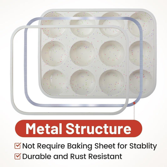 Silicone Muffin Pan, Metal Reinforced Frame Cupcake Pan 12 Cups Regular Size Easy to Move in or Out of Oven V1259-DP01-A-4507