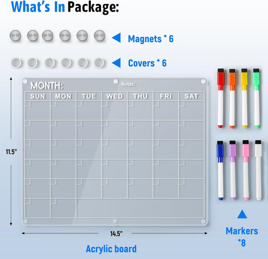Acrylic Fridge Calendar, Magnetic Monthly Planner with 8 Color Markers, Clear Dry Erase Board for V1259-DP01-A-4555