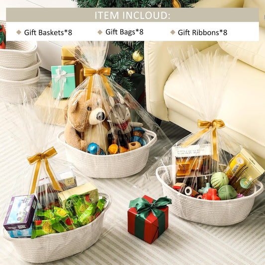 8 Pack Small Woven Basket with Gift Bags and Ribbons, All 12"x 8"x 5", Empty Decorative Chest Box, Cute Baby V1259-DP01-A-4569