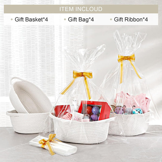 4 Pack Small Woven Basket with Handles, All 12"x 8"x 5", Cotton Rope Room Shelf Storage Basket, Cat Toys, V1259-DP01-A-4575