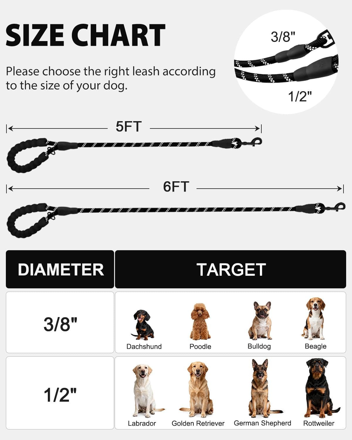 Dog Leash for Large Dogs, Heavy Duty Nylon Leashes with Comfortable Padded Handle and Highly Reflective V1259-DP01-A-4628
